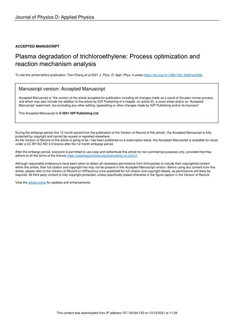 (PDF) Plasma degradation of trichloroethylene: Process optimization and ...