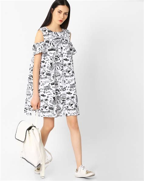 Buy White AJIO Doodle Print Dress with Cold-Shoulder Sleeves | AJIO | Womens dresses, Print ...