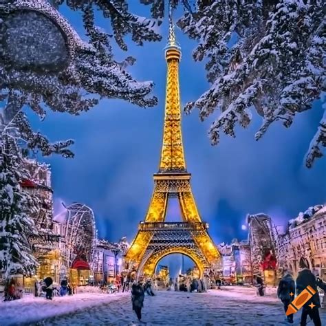 Snowy eiffel tower with christmas decorations on Craiyon