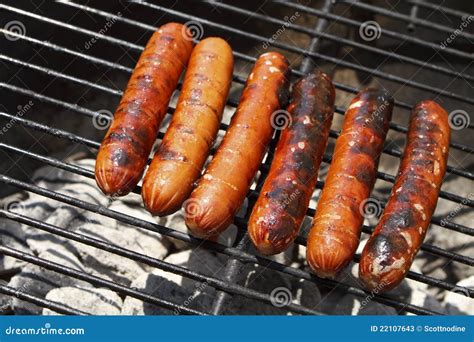 Juicy Grilled Hot Dogs On A Charcoal Grill Stock Photos - Image: 22107643