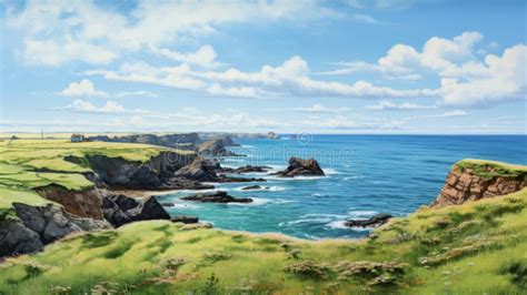 Realistic Cliff Painting with Green Lawn and Ocean in Pastel Colors ...