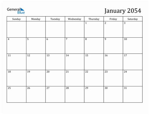 January 2054 Monthly Calendar (PDF, Word, Excel)