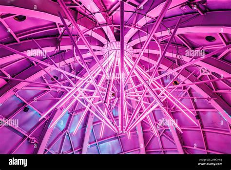 Brussels, Belgium-June, 15, 2023: Lights decoration inside the Atomium ...