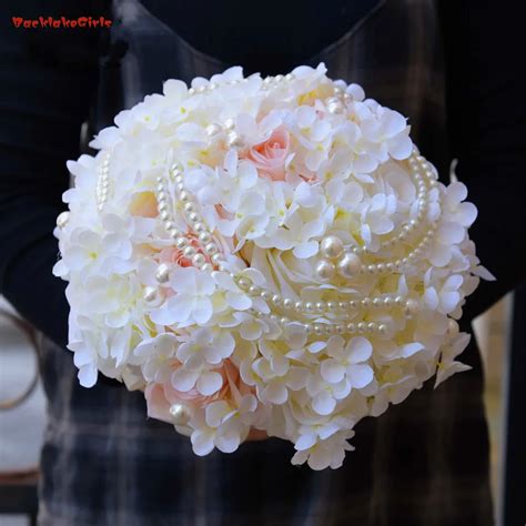 Silk Hydrangea Flower Bouquet Pearl Artificial Rose Bridal Bouquets Centerpiece Decorations ...