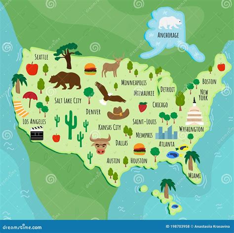 Tourist Infographics About America. Cartoon Map Of USA. Travel Illustration With Landmarks ...