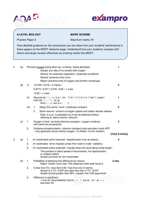 AQA_A-LEVEL BIOLOGY. Exampro. MARK SCHEME. Practice Paper 2. Maximum marks: 91. Predicted Papers ...