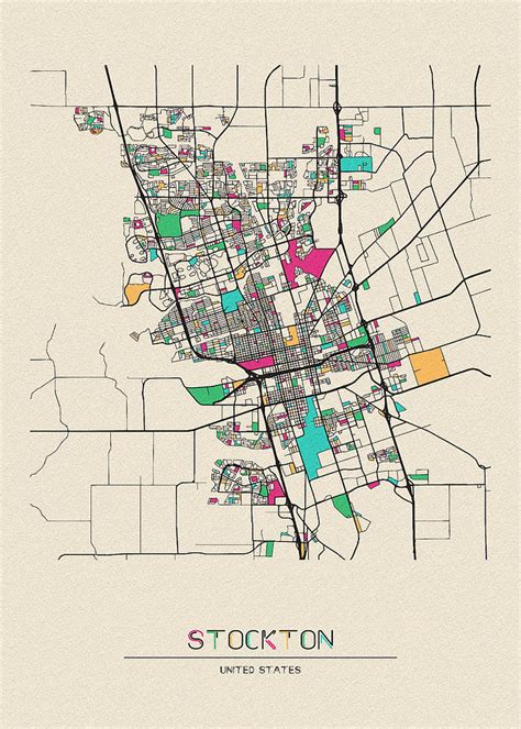 Stockton, California City Map Drawing by Inspirowl Design - Pixels