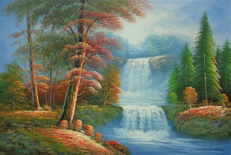 Small Cascade Waterfall with Tall Red Leaf Tree Autumn Scenery Oil ...