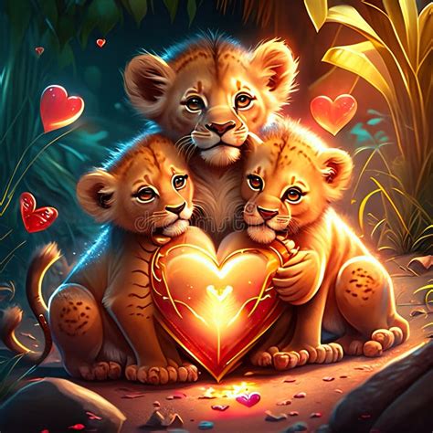 Lion Cubs Hugging Heart Lion Family in Cave with Heart. Valentine S Day Illustration. AI ...