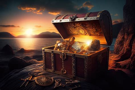 Premium Photo | Open treasure chest filled with golden items at sunset ...