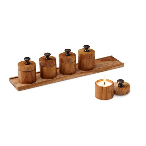 Mini Teak Candles & Tray | Wood Tea Light Set | UncommonGoods