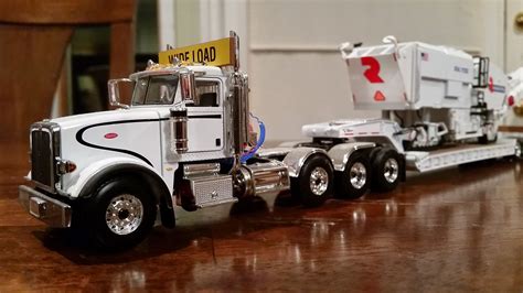 White on white First Gear Peterbilt lowboy truck with a Road Tech Profiler/Grinder. | Model ...