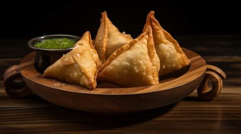 Premium AI Image | deep fried samosas on rustic wooden plate