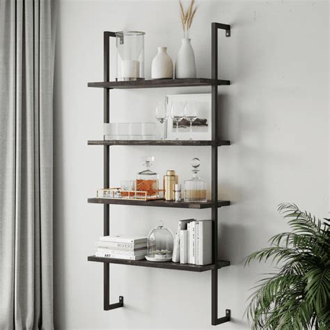 Theo 4-Shelf Bookcase Floating Wall Mount Natural Wood Industrial Pipe Metal Frame, Nutmeg/Black ...