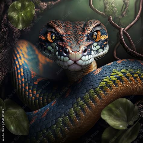 Deadly colorful snake looking into the camera. Exotic snake look at you. Snake eyes. Reptile ...