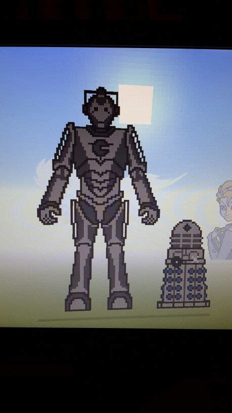 an animated image of a robot standing next to a tardish