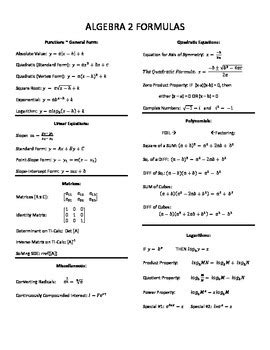 Algebra 2 Final Exam Formula Sheet by Cushing's Calculations Corner