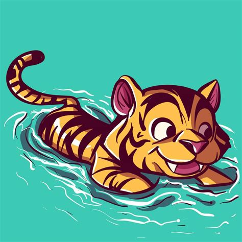 Digital art of a small tiger learning to swim in a pool. Wild animal swimming in a river, vector ...