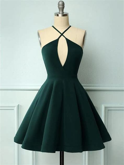 Halter Neck Short Dark Green Prom Dresses, Short Dark Green Formal Gra – morievent