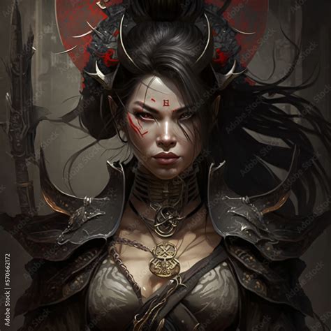 portrait of an Asian female fantasy character with a red tattoo on her ...