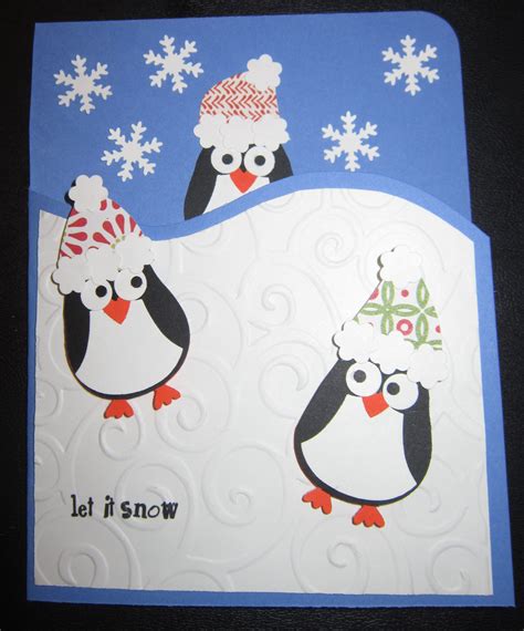 Let it snow penguin Christmas card - Stampin' Up owl punch, embossing folder | Christmas cards ...