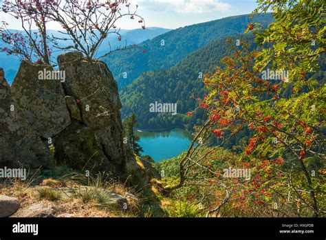 landscape panorama of the Ballons des Vosges Nature Park with lake Schiessrothried from Hohneck ...