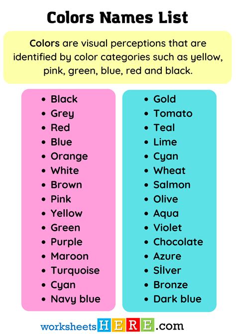 Common Colors Names List PDF Worksheet For Students and Kids - WorksheetsHere.com