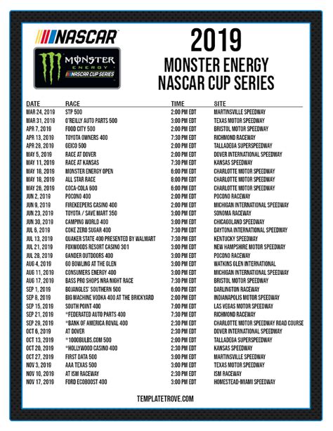 Printable 2019 NASCAR Schedule