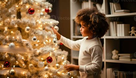 Christmas Tree Decorating - Happy African American Child - Generative ...