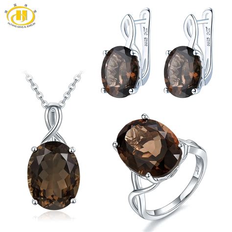 Hutang Natural Smoky Quartz Jewelry Sets Pendant Earrings Ring 925 ...