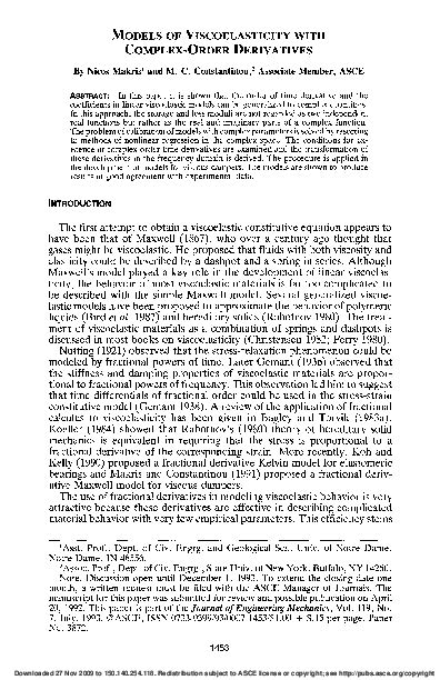 (PDF) Models of Viscoelasticity with Compex-Order Dervatives | Nicos Makris - Academia.edu