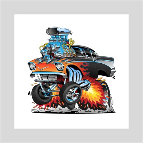 Classic Hot Rod '57 Gasser Drag Racing Muscle Car Cartoon, an art print ...