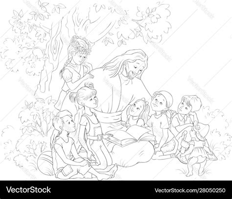 Jesus reading bible with kids coloring page Vector Image