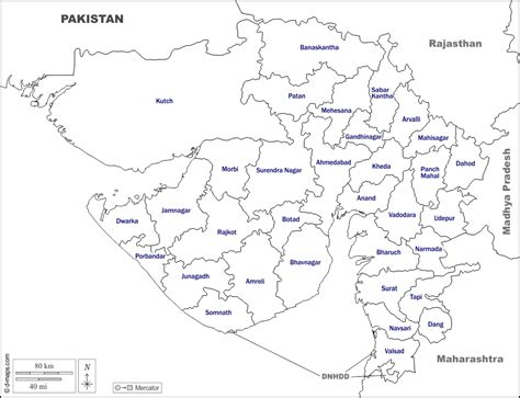 Gujarat free map, free blank map, free outline map, free base map boundaries, districts, names ...