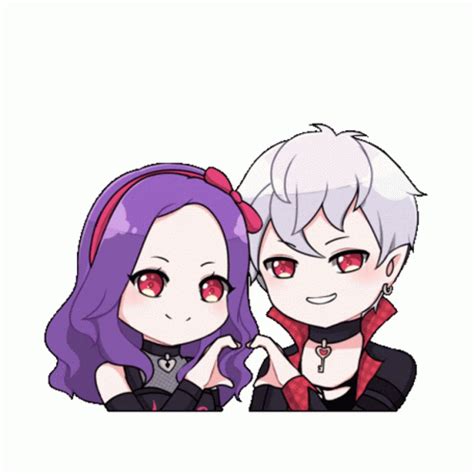 two anime characters with red eyes and purple hair, one is holding the other's hand