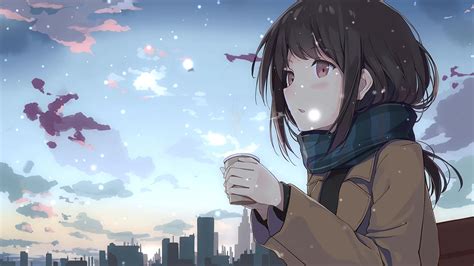 Anime Girl Drinking Coffee In Winter Live Wallpaper - MoeWalls