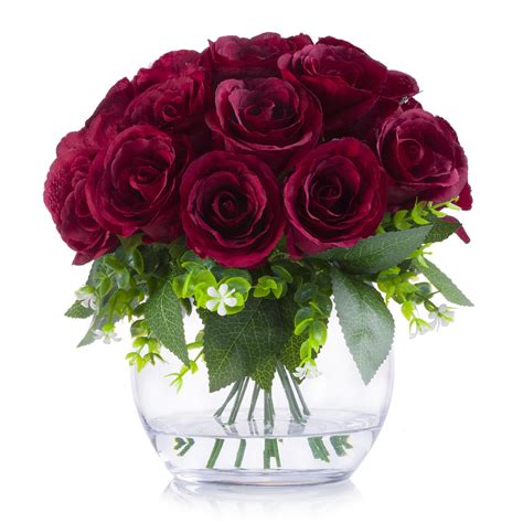 Enova Home 18 Heads Silk Rose Flower Arrangement in Clear Glass Vase ...