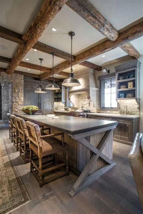 Rustic cabin kitchen designs showing warm wooden structure in earthy natural palettes Image ...