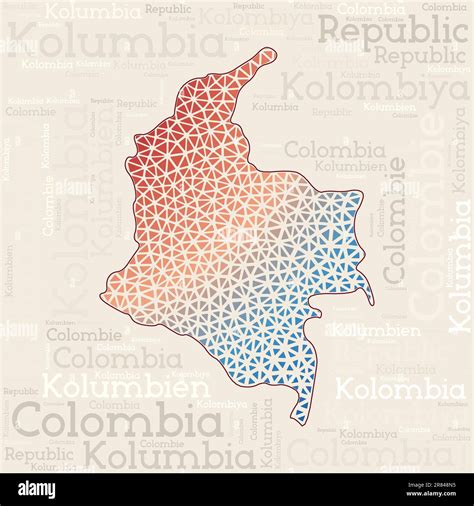 COLOMBIA map design. Country names in different languages and map shape ...