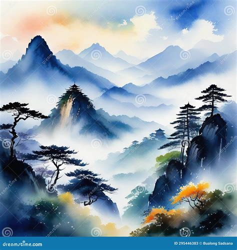 Watercolor Landscape of Mountains in Created Using Stock Illustration ...