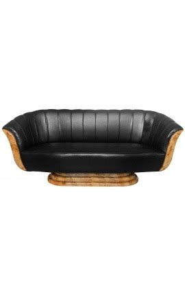 Sofa "Tulip" 3 seater art deco style elm and black leatherette