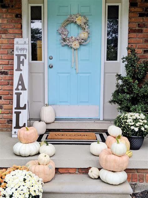 Fall Front Porch with Pink and White Cinderella Pumpkins