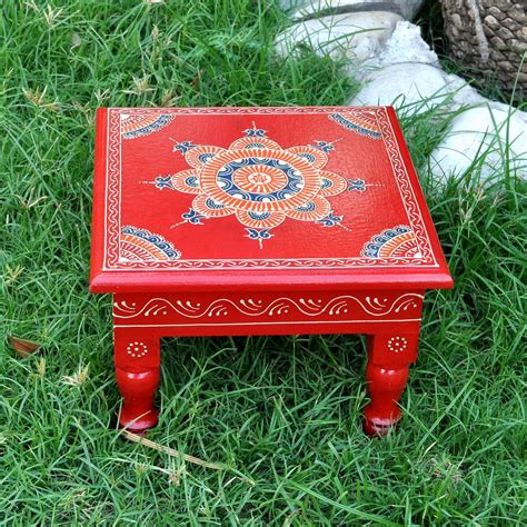 Indian Wooden Chowki Square Furniture Worship Room Decoration Red Hindu Pooja Chowki Gift by ...