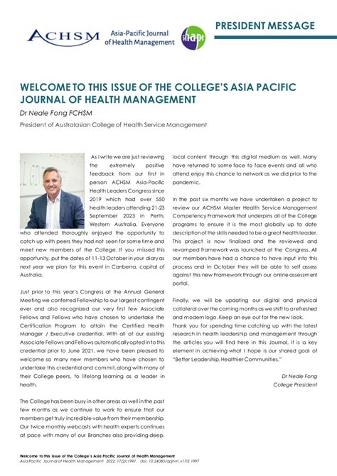 (PDF) Welcome to this issue of the College’s Asia Pacific Journal of Health Management