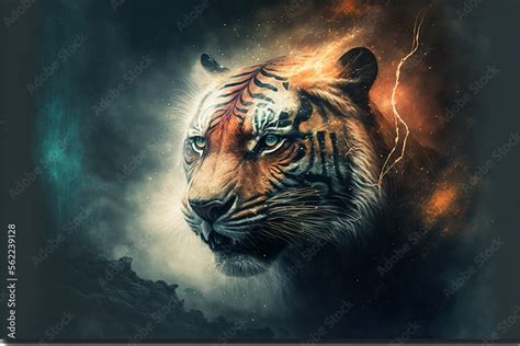 a tiger with a lightning bolt in its mouth and a sky background with clouds and lightning bolt ...