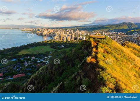 View from Diamond Head Crater on Honolulu at Sunrise Stock Image ...