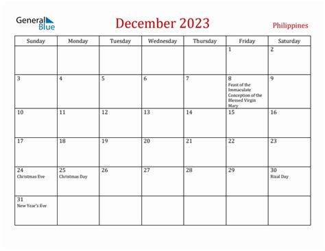 December 2023 Philippines Monthly Calendar with Holidays