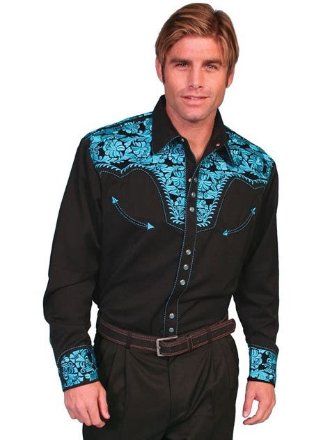 Scully Mens Shirt Western Turquoise Poly Blend Floral Tooled Stitch L/S ...