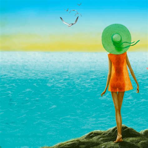 a painting of a woman in an orange dress and green hat looking out at the ocean