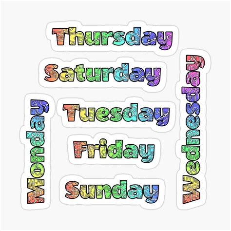 the days of the week sticker is shown in multicolored letters on white